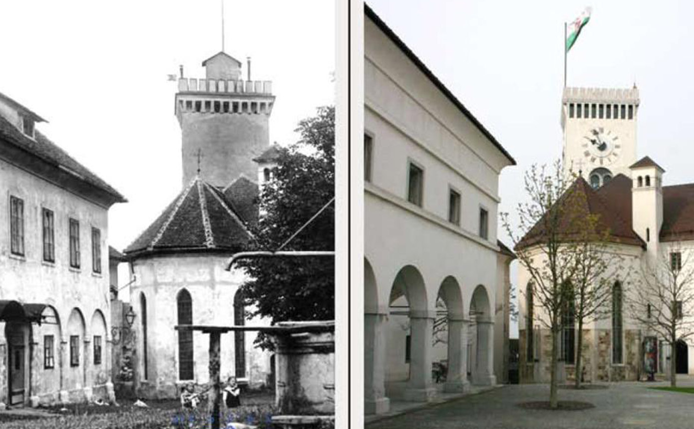 Pogled na Razgledni stolp z Gostilno na gradu na levi strani, pred in po obnovi gradu. Foto: arhiv LG