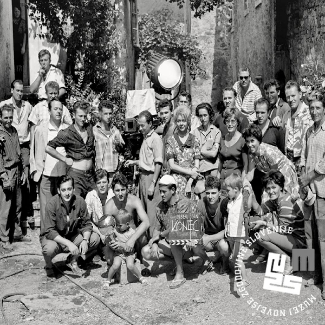 Group shot of the film crew and actors from the film That Beautiful Day (France Štiglic, 1962). Podnanos, July 1962. Photo: Božo Štajer, MNZS.