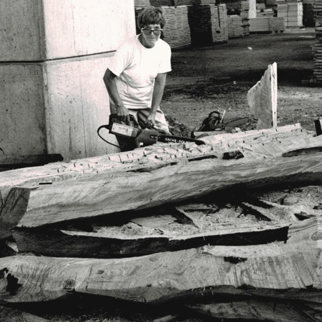 Dragica Čadež at work in her open-air studio; Liko Factory in Vrhnika 1994