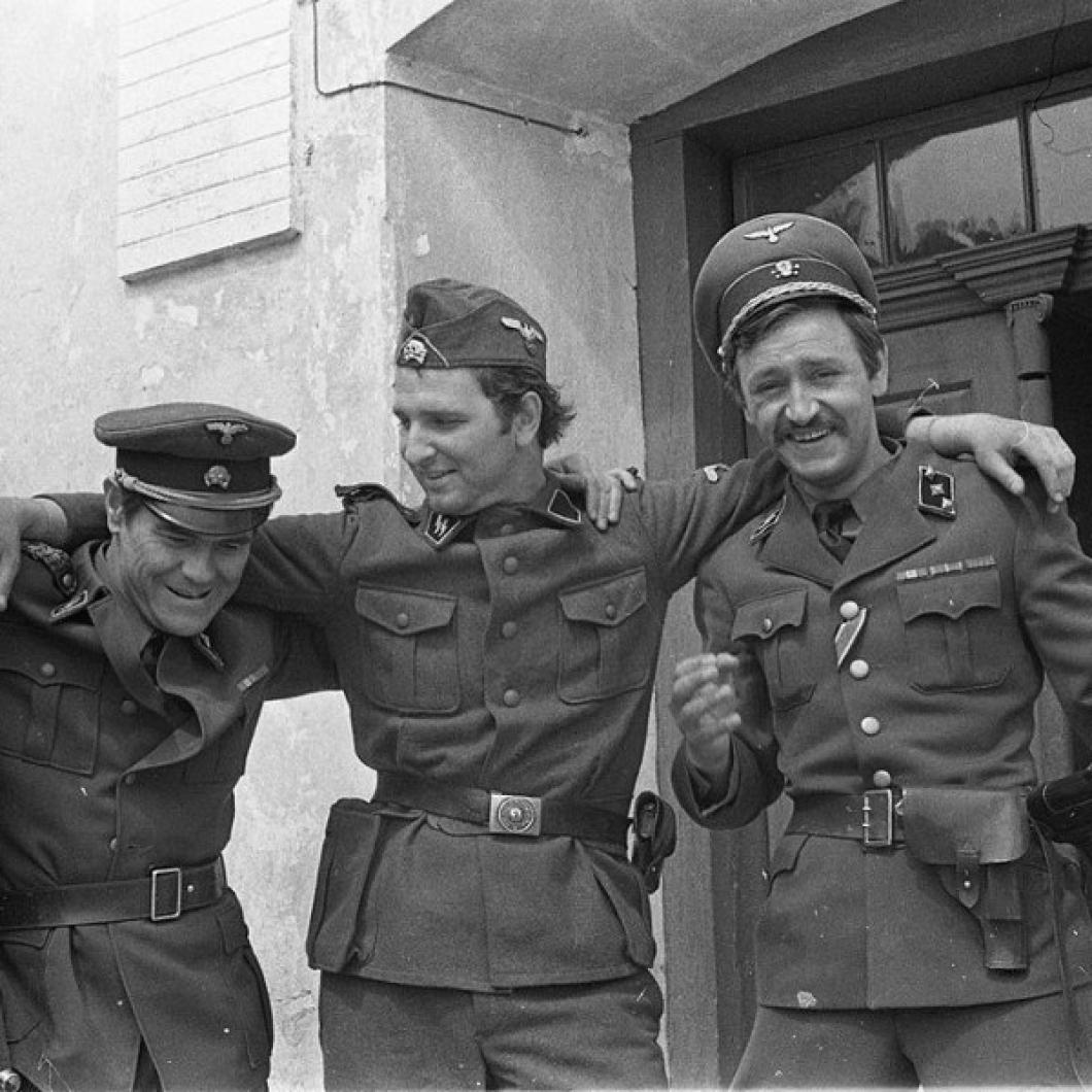 Filming of the TV series VOS II in the period 1970–1971 in Bistra (the second series; the first series was filmed in 1965); directed by France Štiglic, produced by RTV Ljubljana (1971). The photograph shows (from left to right): Mirko Bogataj, Lojze Rozman, Iztok Jereb and Dare Valič.