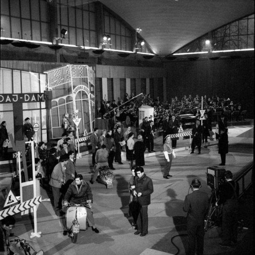 The first music-entertainment TV show Promenada, which was about judges and the police, at the Ljubljana Exhibition and Convention Centre, November 1959. Directed by France Jamnik and written by Janez Menart. Among those appearing in the show were the RTV Ljubljana Big Band, an opera and ballet ensemble, theatrical artists, singers and more.