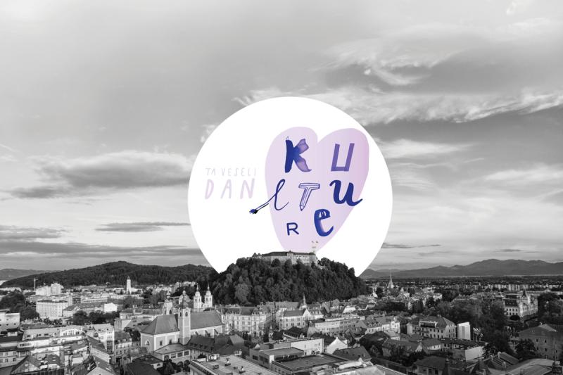 Banner Ta veseli dan kulture, z gradom na griču nad mestom