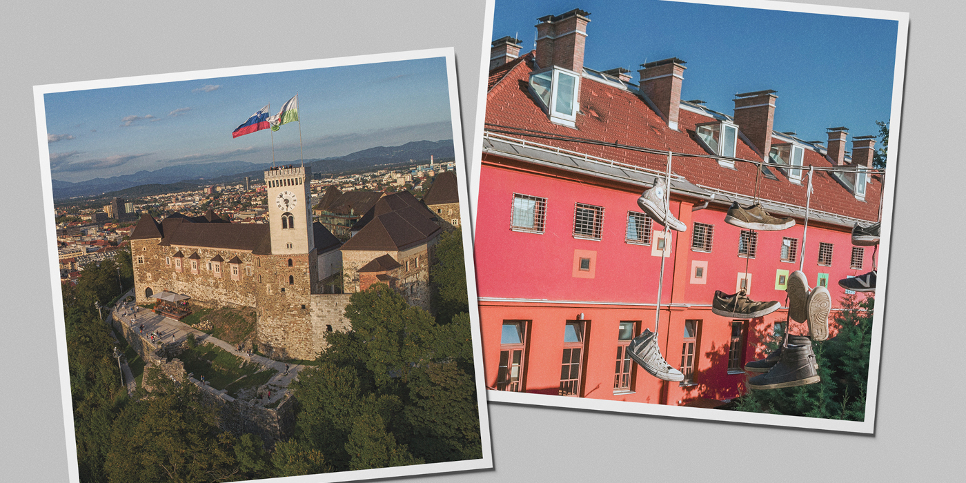 Kolaž fotografij Ljubljanskega gradu in Hostla Celica.