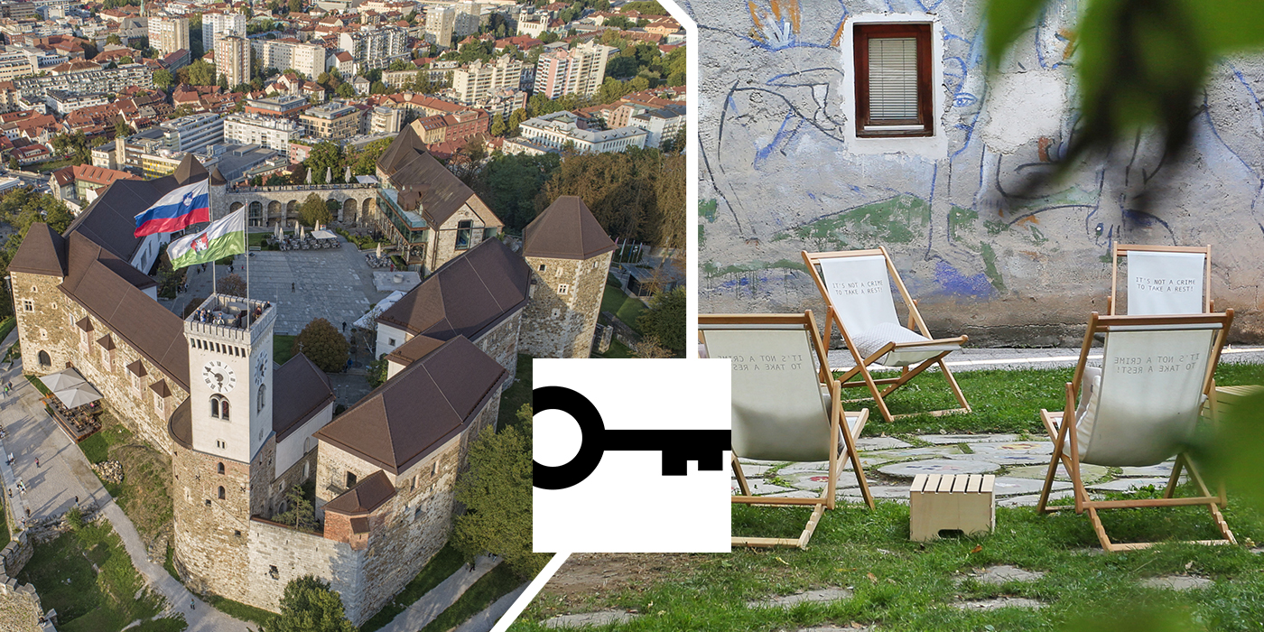 Kolaž fotografij Ljubljanskega gradu in Hostla Celica z logotipom Zeleni ključ.