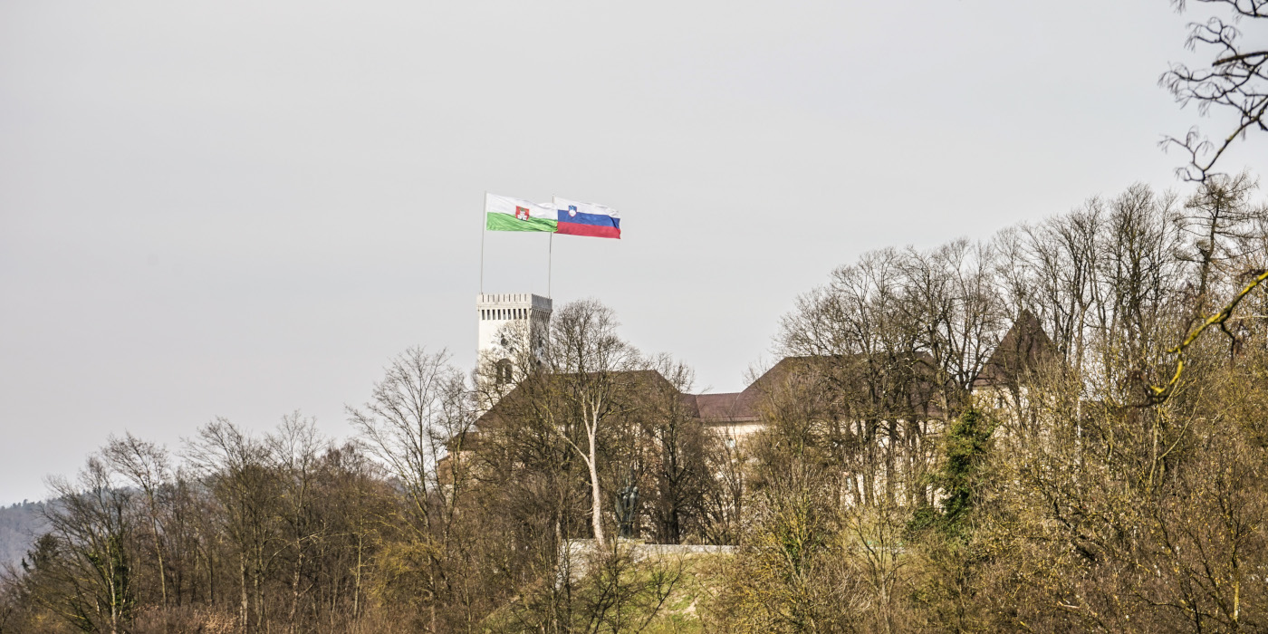 Pogled na Ljubljanski grad med drevjem Grajskega griča.